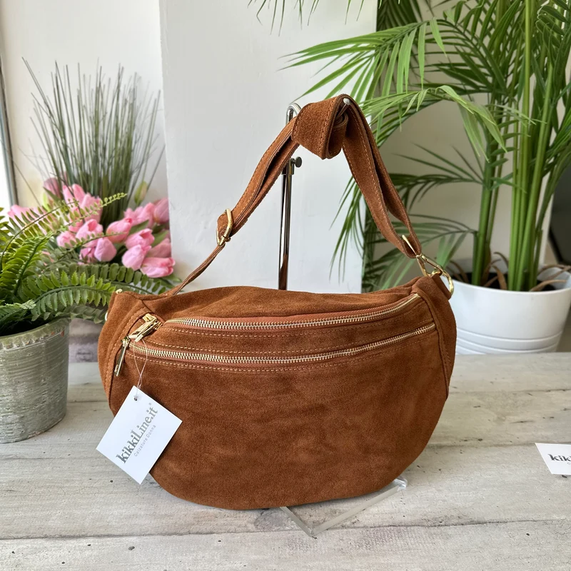 Marsupio Grande con Zip Vera Pelle Scamosciata Zip Dorate Noemi Cuoio