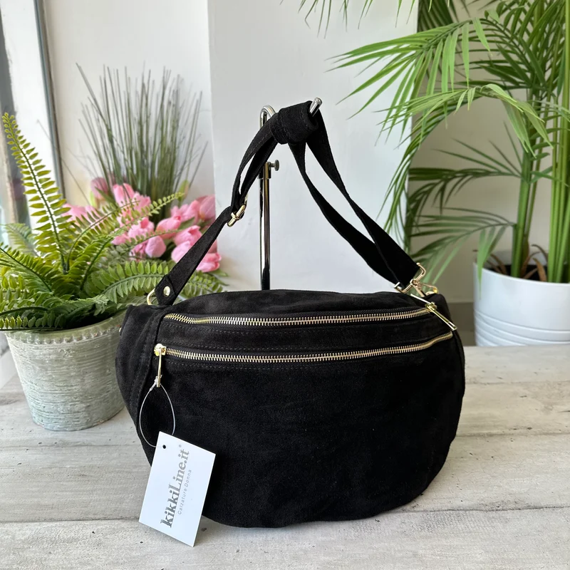 Marsupio Grande con Zip Vera Pelle Scamosciata Zip Dorate Noemi