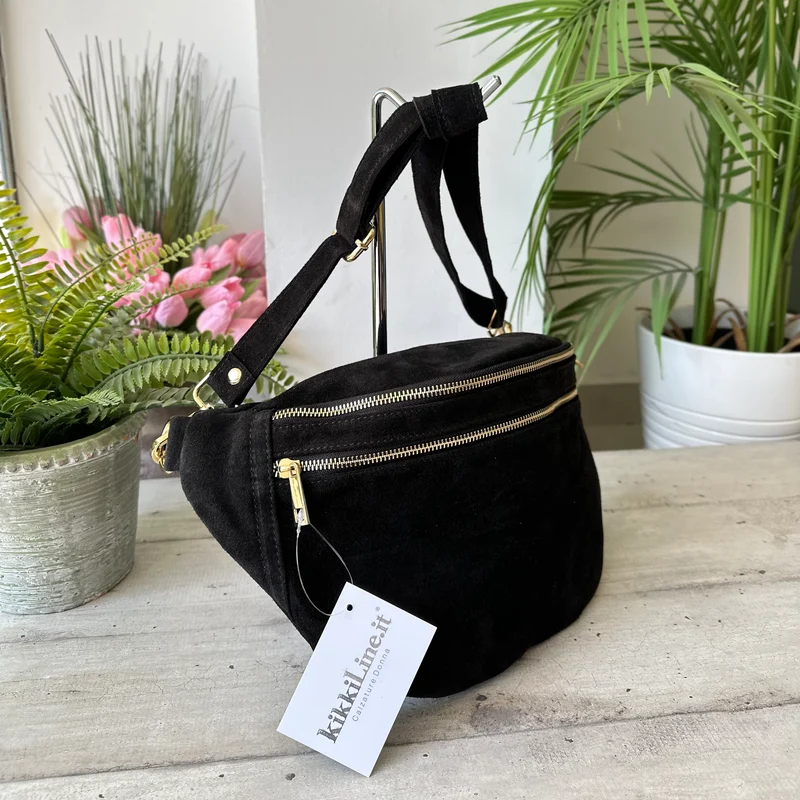Marsupio Grande con Zip Vera Pelle Scamosciata Zip Dorate Noemi