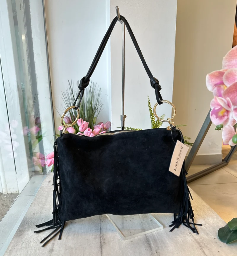 Borsa Grande con Frange e Anelli Dorati Vera Pelle Scamosciata Nera