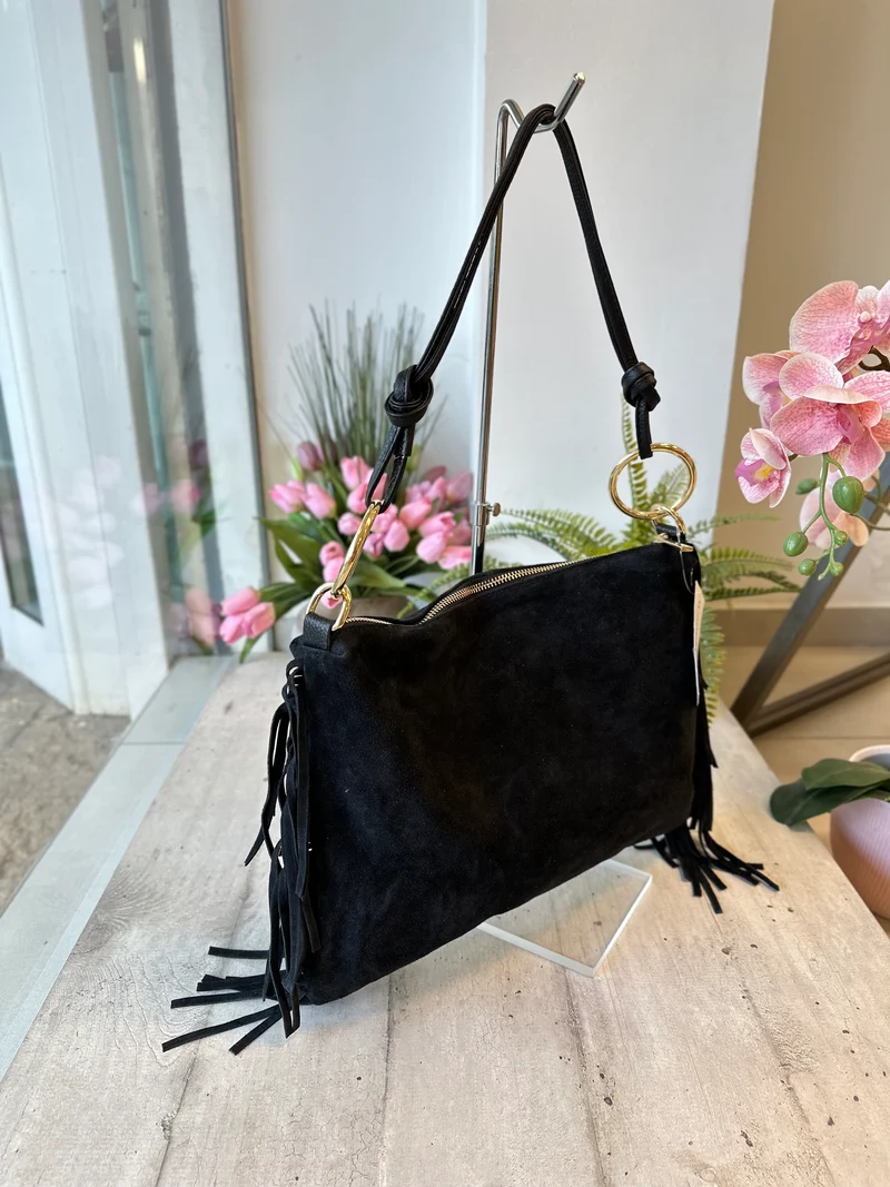 Borsa Grande con Frange e Anelli Dorati Vera Pelle Scamosciata Nera