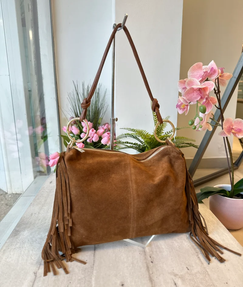 Borsa Grande con Frange e Anelli Dorati Vera Pelle Scamosciata Cuoio