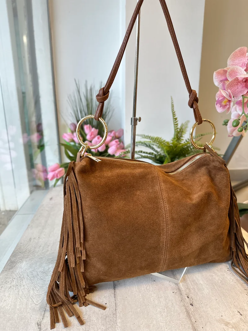 Borsa Grande con Frange e Anelli Dorati Vera Pelle Scamosciata Cuoio