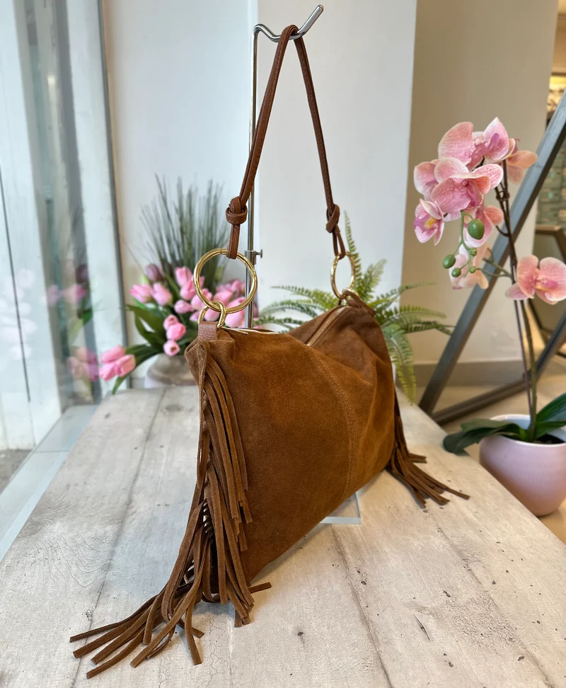 Borsa Grande con Frange e Anelli Dorati Vera Pelle Scamosciata Cuoio