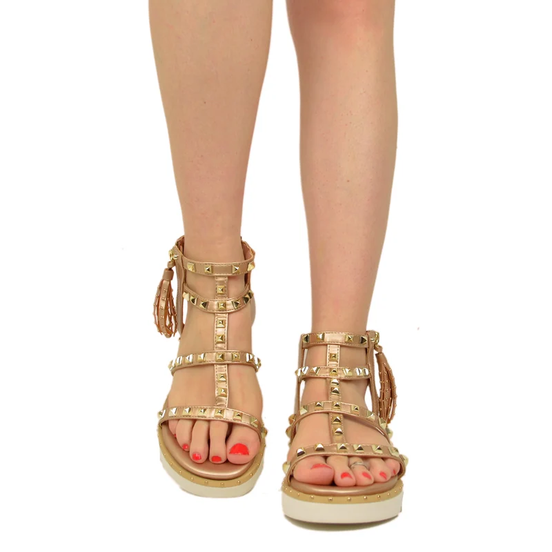 Sandali Platform con Borchie Dorare Oro Rosa Similpelle