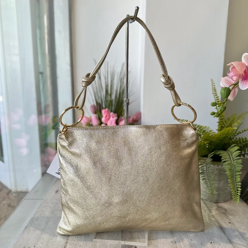 Borsa a Spalla in Vera Pelle con Anelli Dorati Shopping Bag Platino a Sacchetto