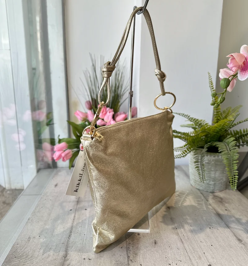 Borsa a Spalla in Vera Pelle con Anelli Dorati Shopping Bag Platino a Sacchetto