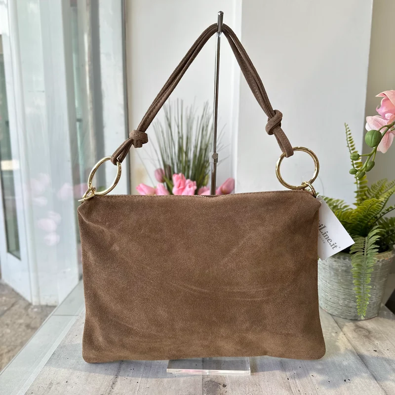 Borsa a Spalla in Vera Pelle Scamosciata con Anelli Shopping Bag Taupe