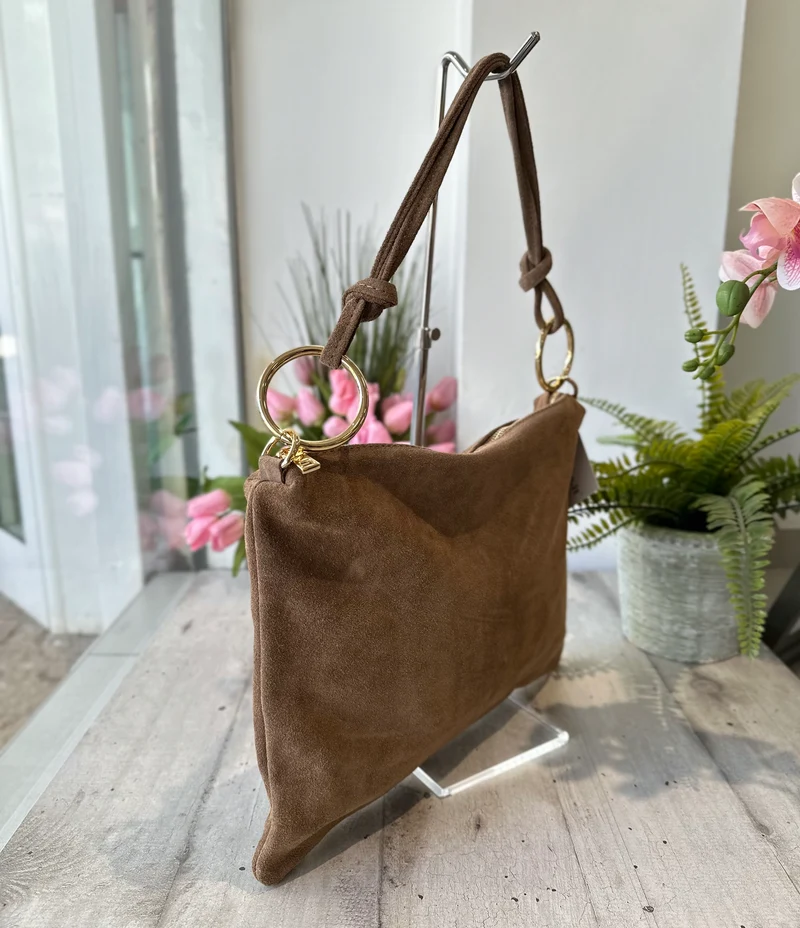Borsa a Spalla in Vera Pelle Scamosciata con Anelli Shopping Bag Taupe