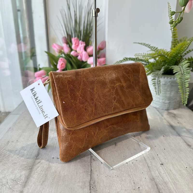 Clutch a Mano Borsa VERA PELLE effetto Vintage Cuoio GINEVRA tracolla all'interno
