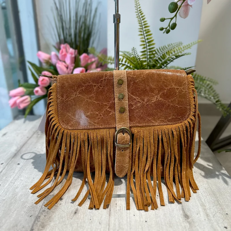 Borsa Borsetta Native Vera Pelle effetto Vintage Frange Con Tracolla Cuoio