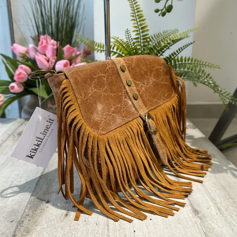Borsa Borsetta Native Vera Pelle effetto Vintage Frange Con Tracolla Cuoio