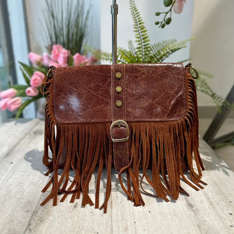 Borsa Borsetta Native Vera Pelle effetto Vintage Frange Con Tracolla Cognac