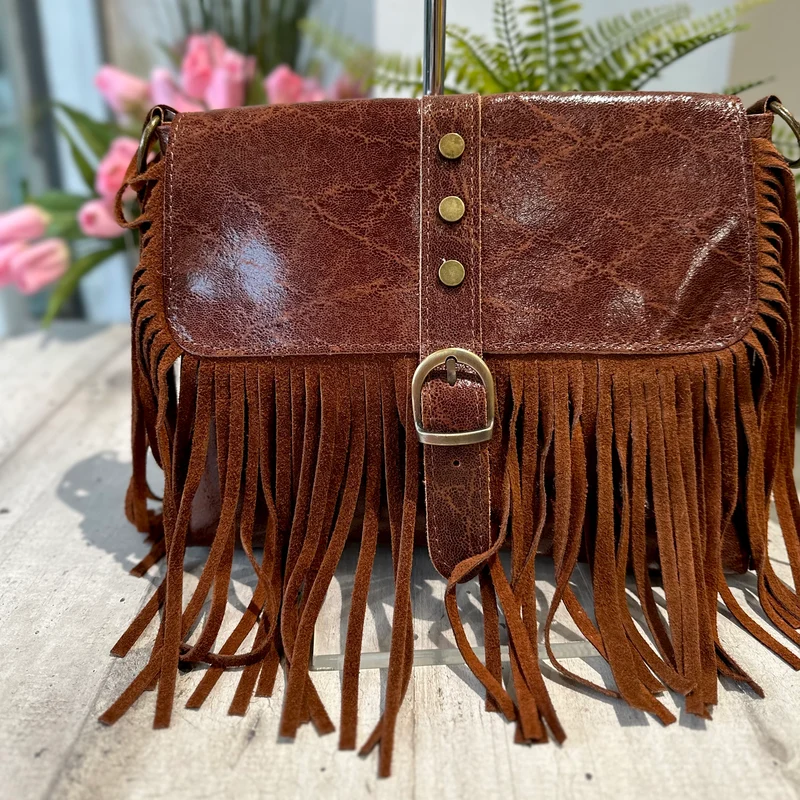 Borsa Borsetta Native Vera Pelle effetto Vintage Frange Con Tracolla Cognac