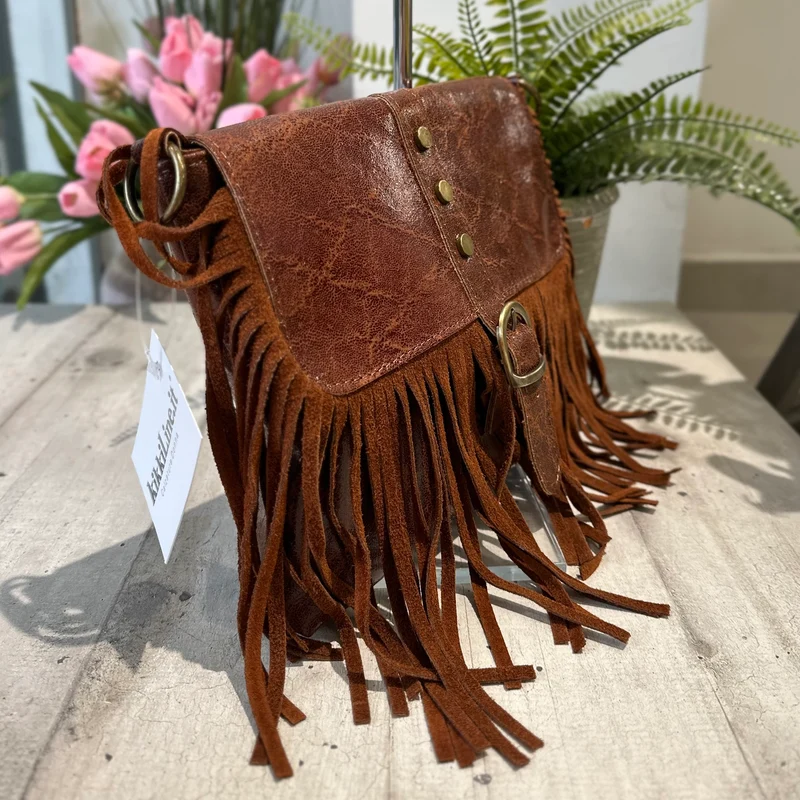 Borsa Borsetta Native Vera Pelle effetto Vintage Frange Con Tracolla Cognac