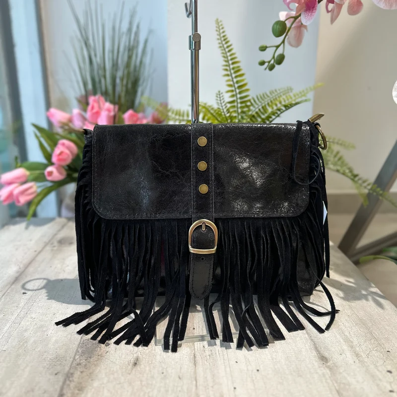 Borsa Borsetta Native Vera Pelle effetto Vintage Frange Con Tracolla Nero