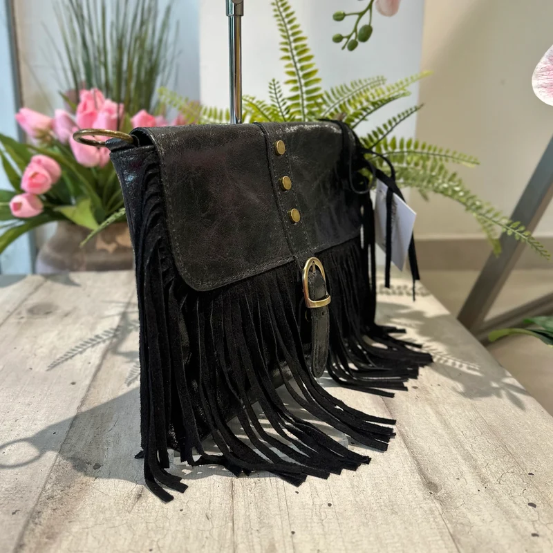 Borsa Borsetta Native Vera Pelle effetto Vintage Frange Con Tracolla Nero