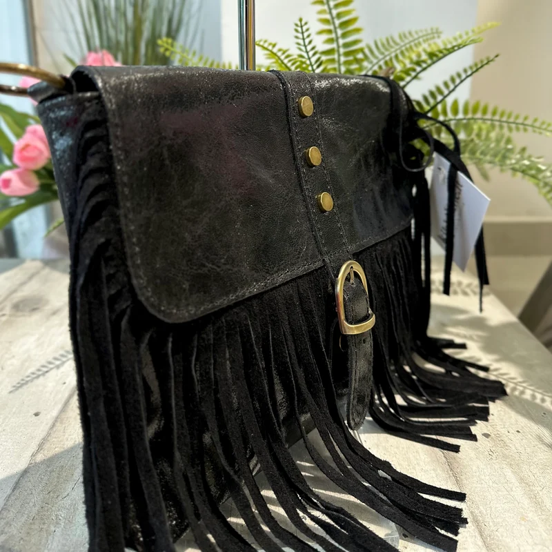 Borsa Borsetta Native Vera Pelle effetto Vintage Frange Con Tracolla Nero