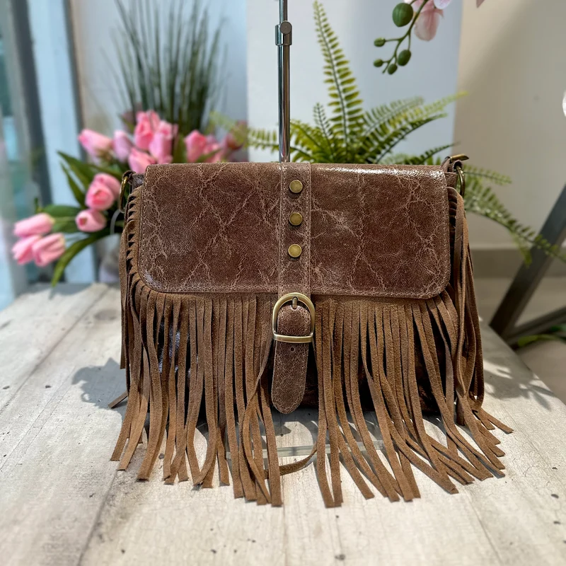 Borsa Borsetta Native Vera Pelle effetto Vintage Frange Con Tracolla Taupe