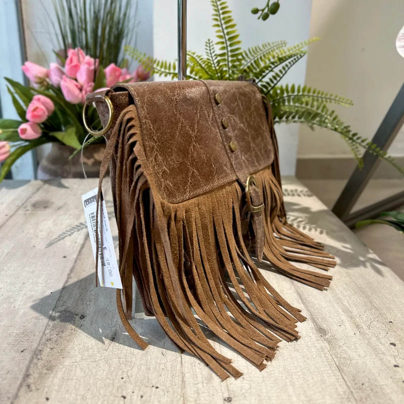Borsa Borsetta Native Vera Pelle effetto Vintage Frange Con Tracolla Taupe