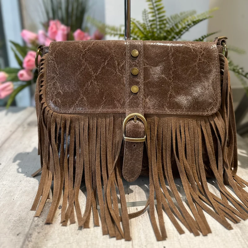 Borsa Borsetta Native Vera Pelle effetto Vintage Frange Con Tracolla Taupe