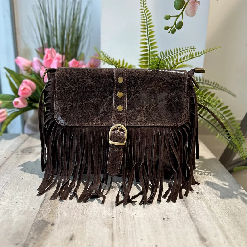 Borsa Borsetta Native Vera Pelle Frange Con Tracolla Marrone Scuro
