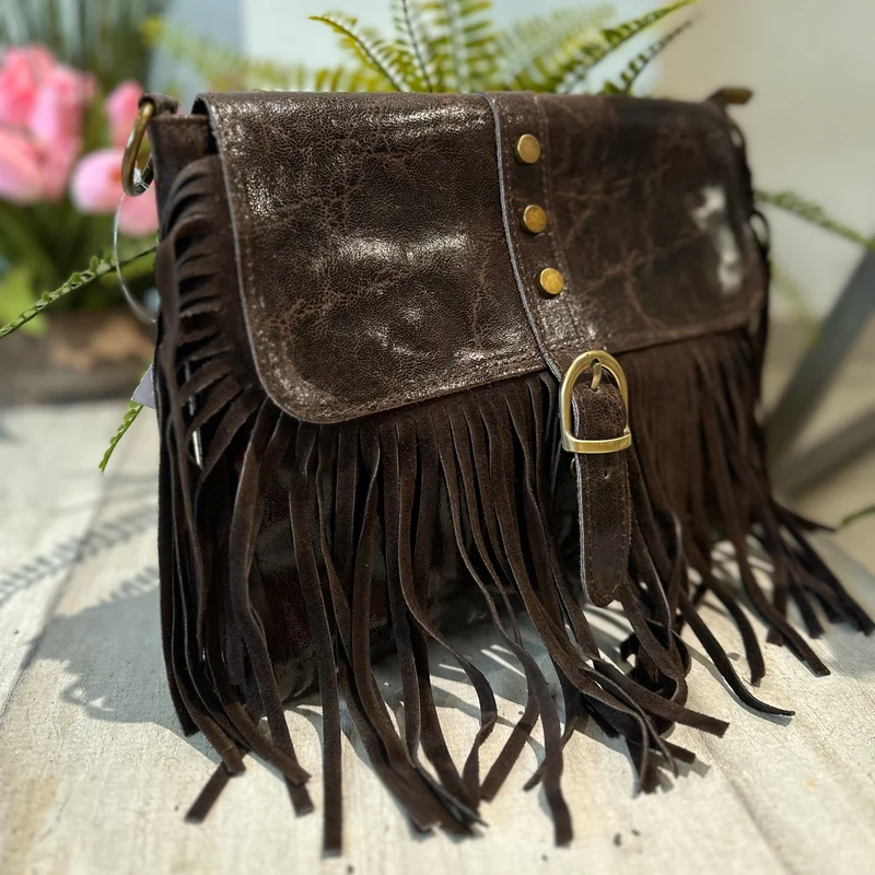 Borsa Borsetta Native Vera Pelle Frange Con Tracolla Marrone Scuro