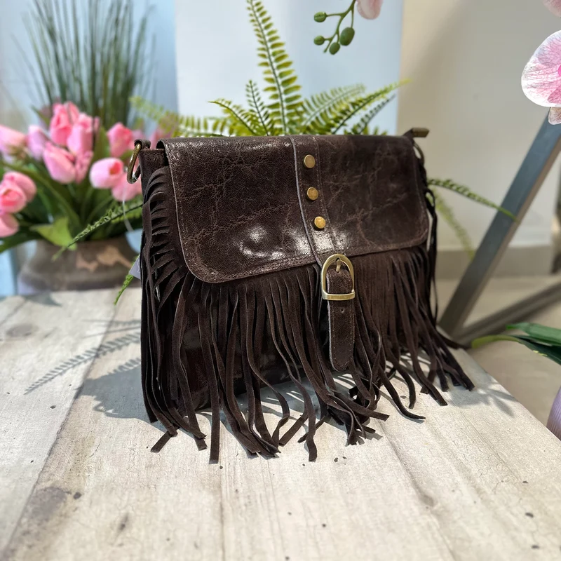 Borsa Borsetta Native Vera Pelle Frange Con Tracolla Marrone Scuro