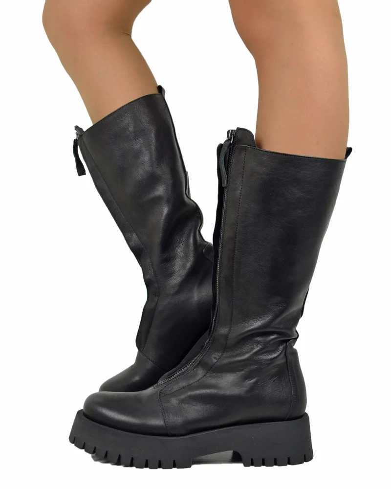 Stivali Biker in Pelle Fondo Gomma Fondo Platform con Zip Anteriore Neri