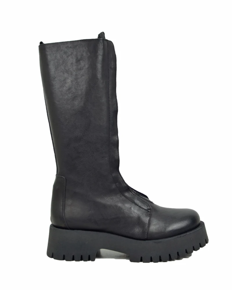 Stivali Biker in Pelle Fondo Gomma Fondo Platform con Zip Anteriore Neri