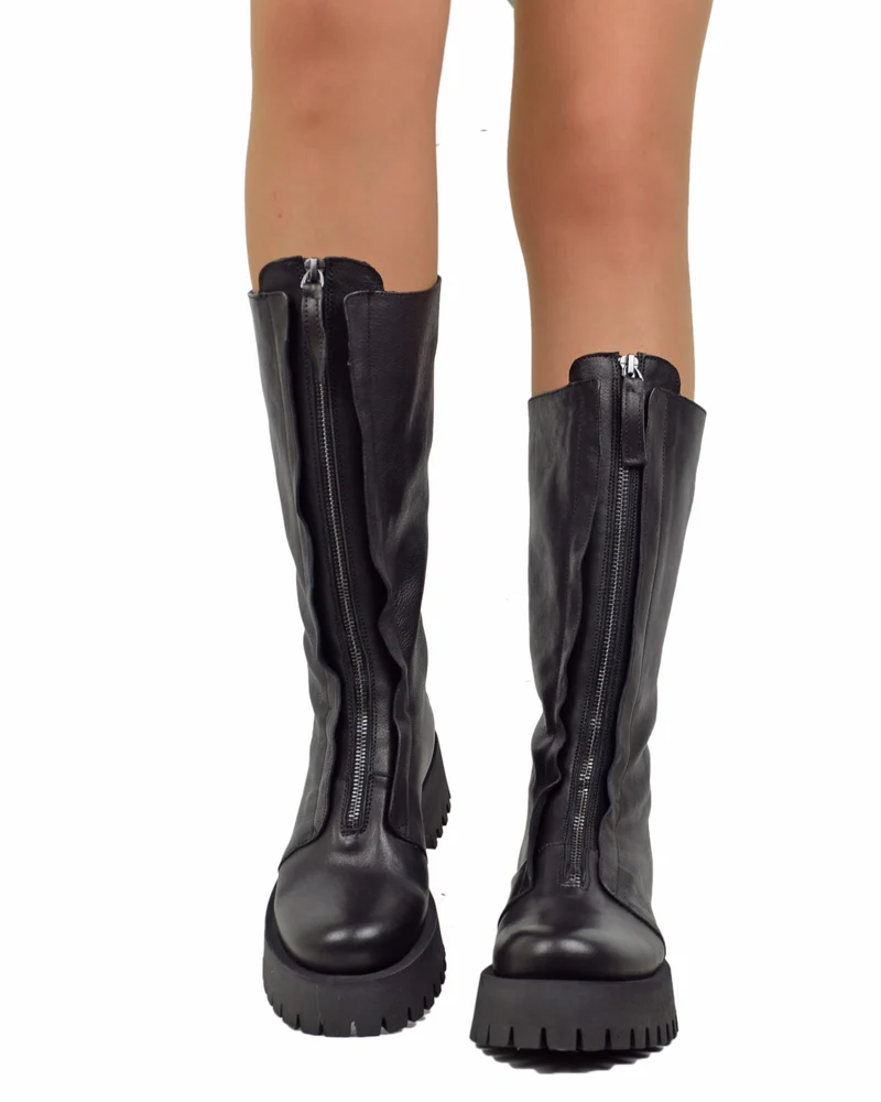 Stivali Biker in Pelle Fondo Gomma Fondo Platform con Zip Anteriore Neri