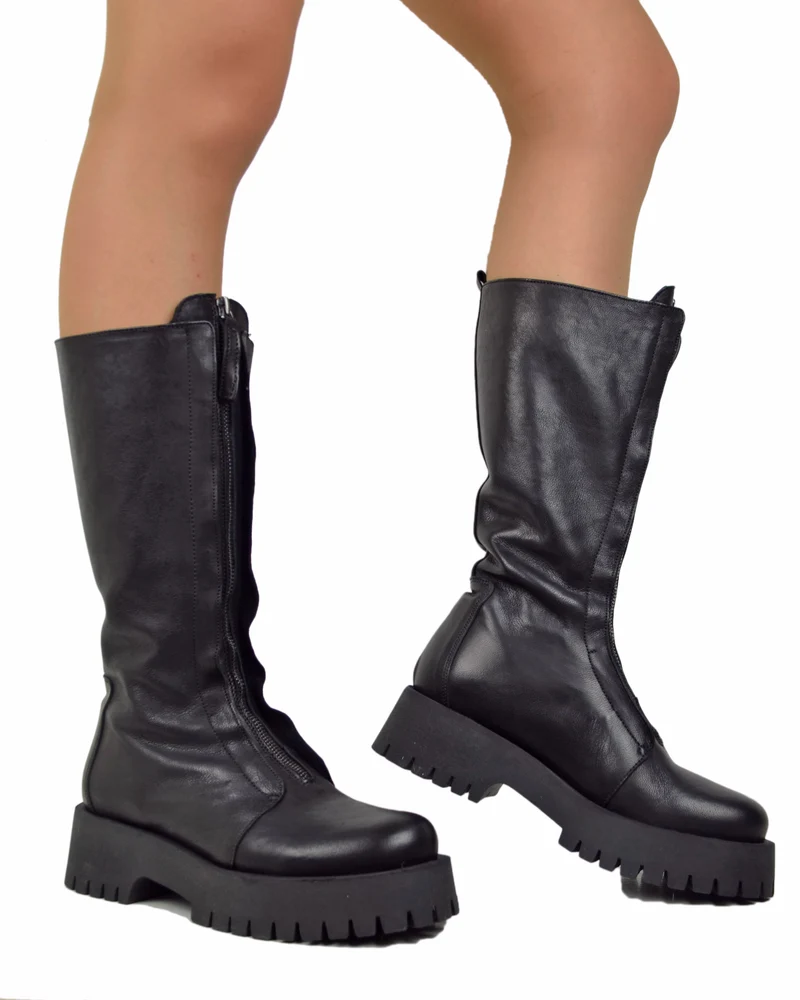 Stivali Biker in Pelle Fondo Gomma Fondo Platform con Zip Anteriore Neri