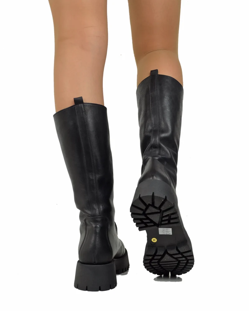 Stivali Biker in Pelle Fondo Gomma Fondo Platform con Zip Anteriore Neri