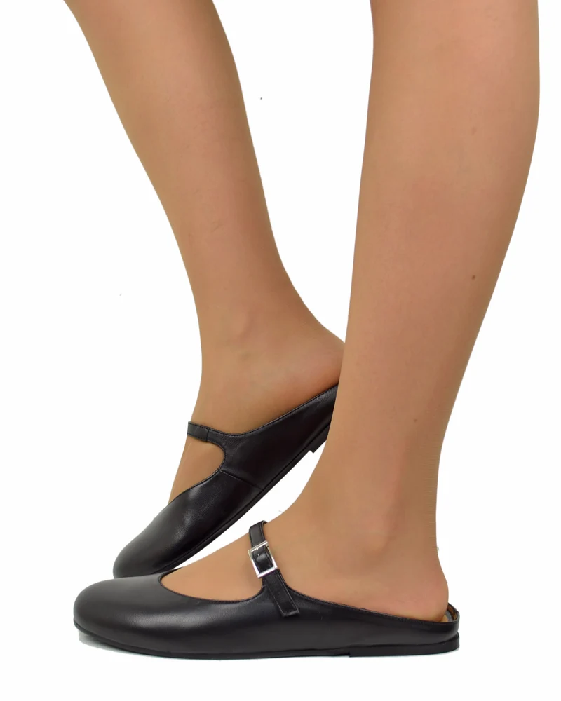 Ballerine a Sabot Piatte con Pianta Comoda Vera Pelle Nere Dorate Mary Jane