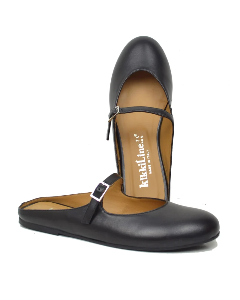 Ballerine a Sabot Piatte con Pianta Comoda Vera Pelle Nere Dorate Mary Jane