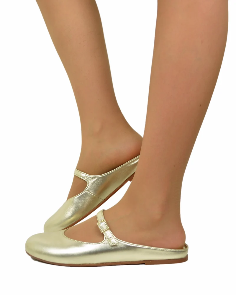 Ballerine a Sabot Piatte con Pianta Comoda Vera Pelle Platino Dorate Mary Jane