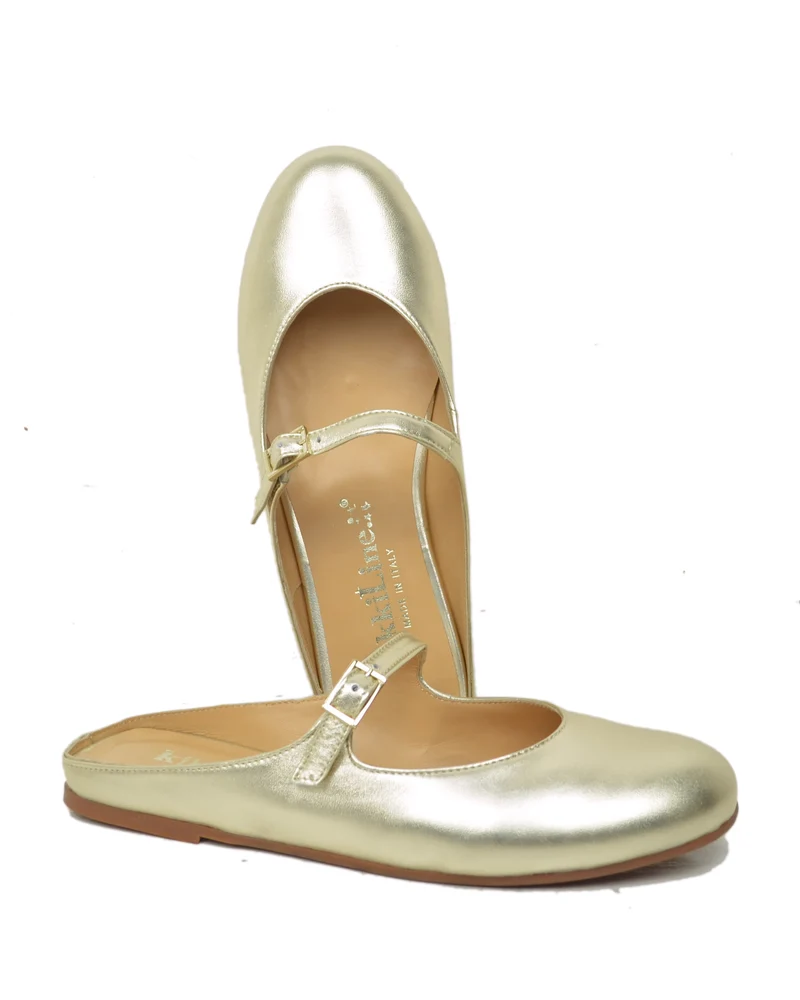 Ballerine a Sabot Piatte con Pianta Comoda Vera Pelle Platino Dorate Mary Jane