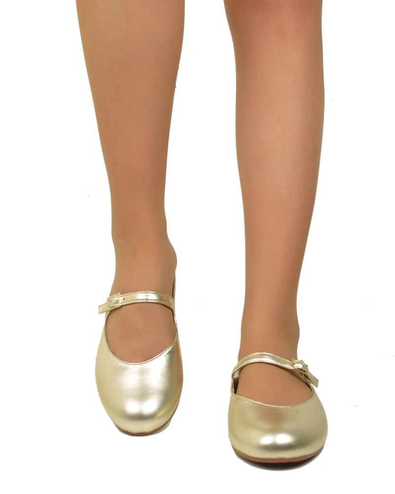 Ballerine a Sabot Piatte con Pianta Comoda Vera Pelle Platino Dorate Mary Jane