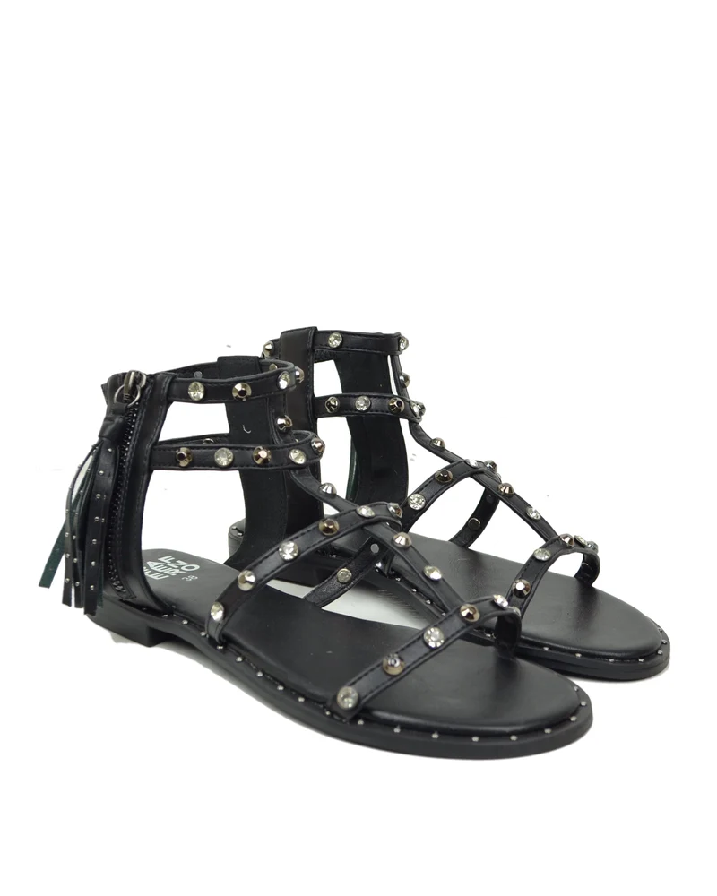 Sandali Similpelle Bassi Borchiati Borchie Dorate Caffènero Zip Nappina Nero