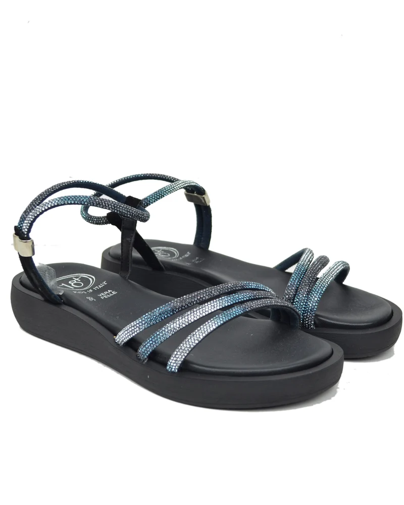 Sandali Donna Platform Neri in VERA PELLE con Strass Multicolor Made in Italy