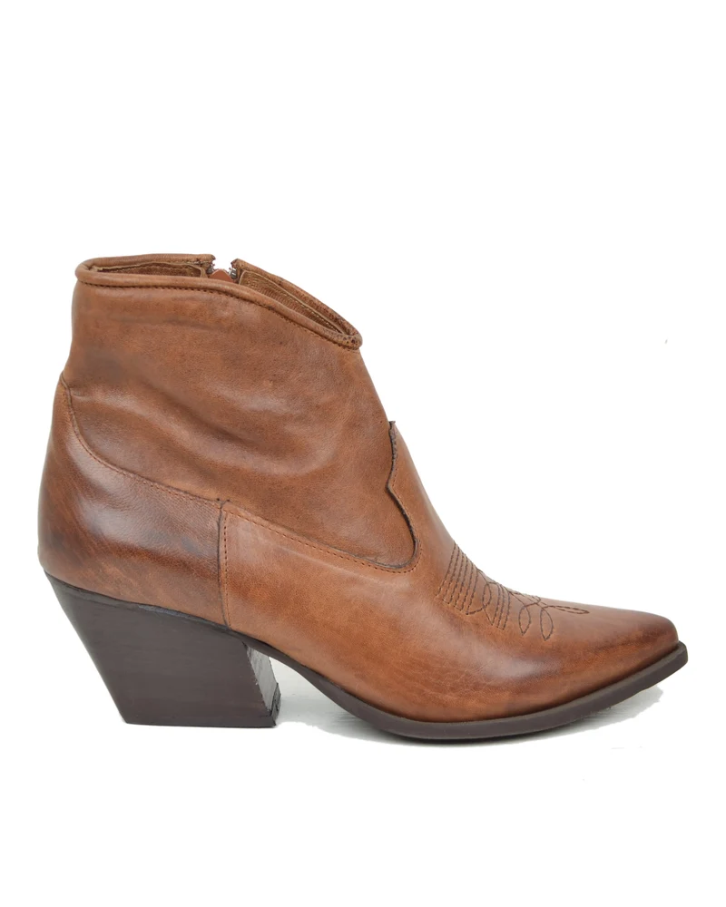 Stivaletti Texani Donna alla Caviglia in Vera Pelle Rag Cacao Made in Italy