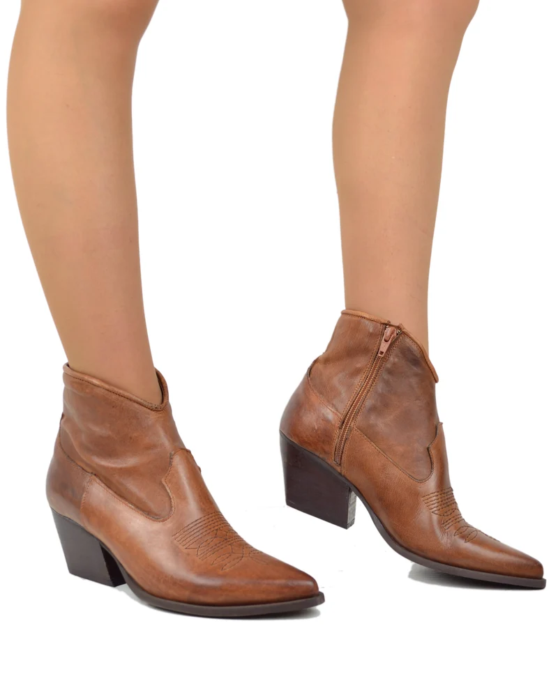 Stivaletti Texani Donna alla Caviglia in Vera Pelle Rag Cacao Made in Italy
