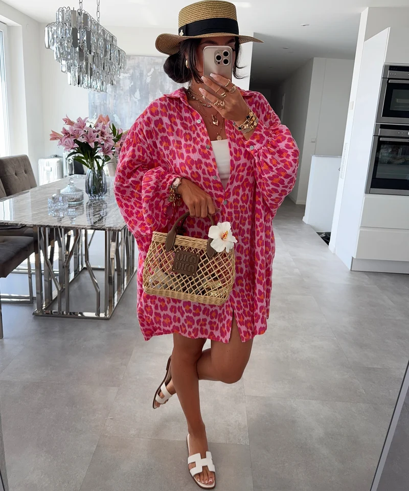 Ultra oversize Musselin Bluse Leo Pink Lang