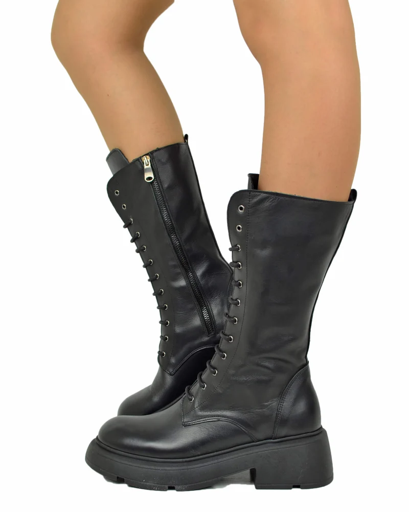 Anfibi Stringati Platform 12 Occhielli Vera Pelle Nera Lacci Rock