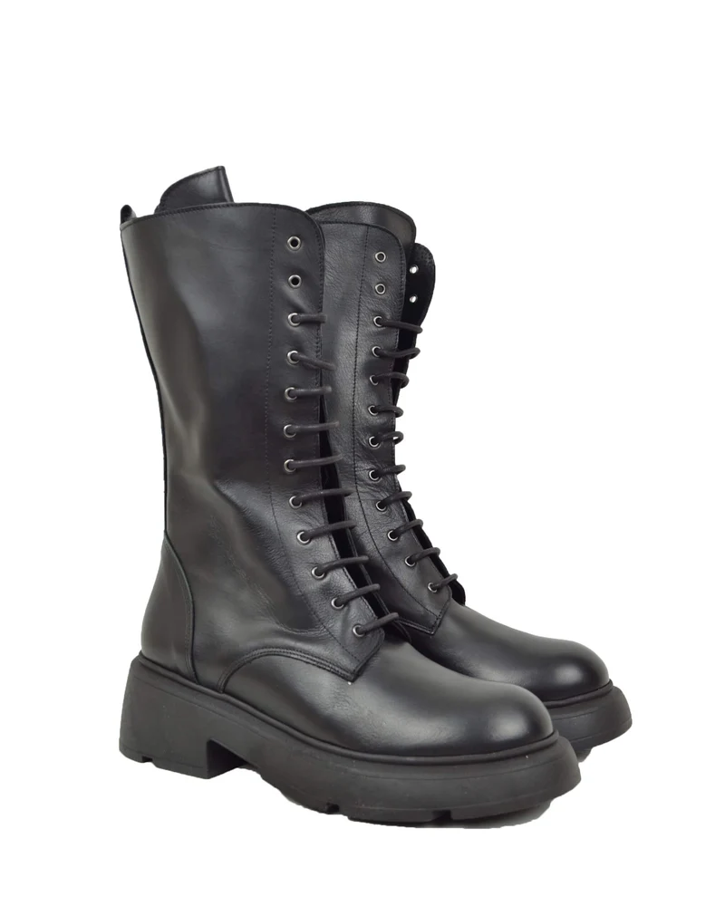 Anfibi Stringati Platform 12 Occhielli Vera Pelle Nera Lacci Rock