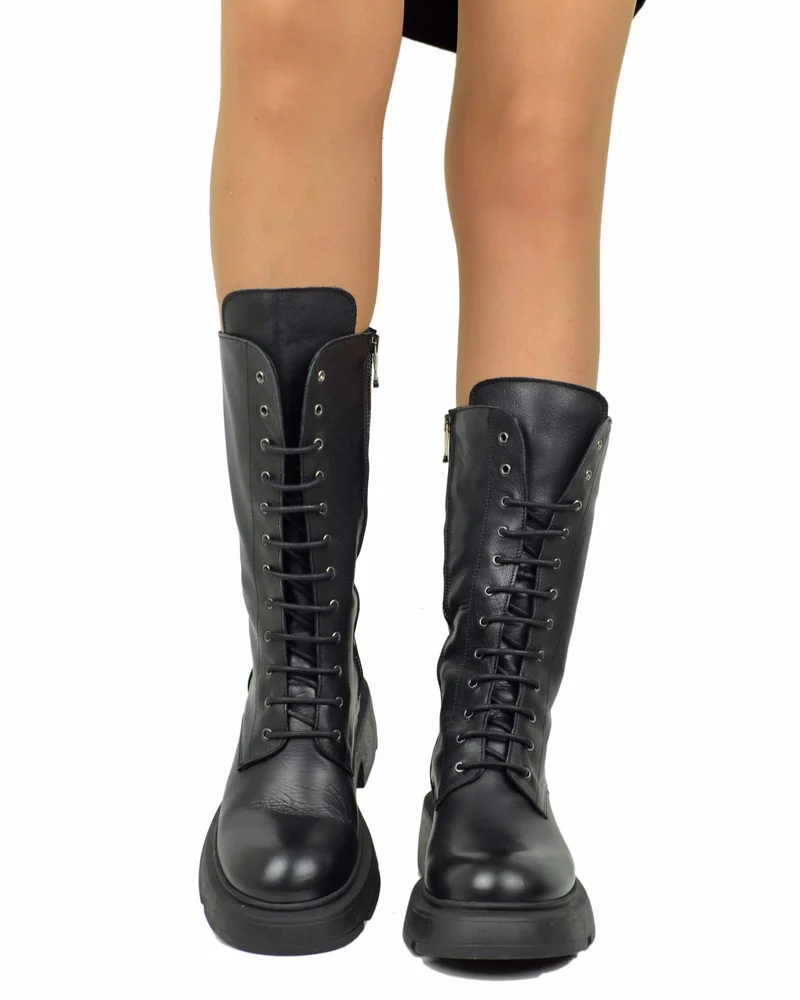 Anfibi Stringati Platform 12 Occhielli Vera Pelle Nera Lacci Rock