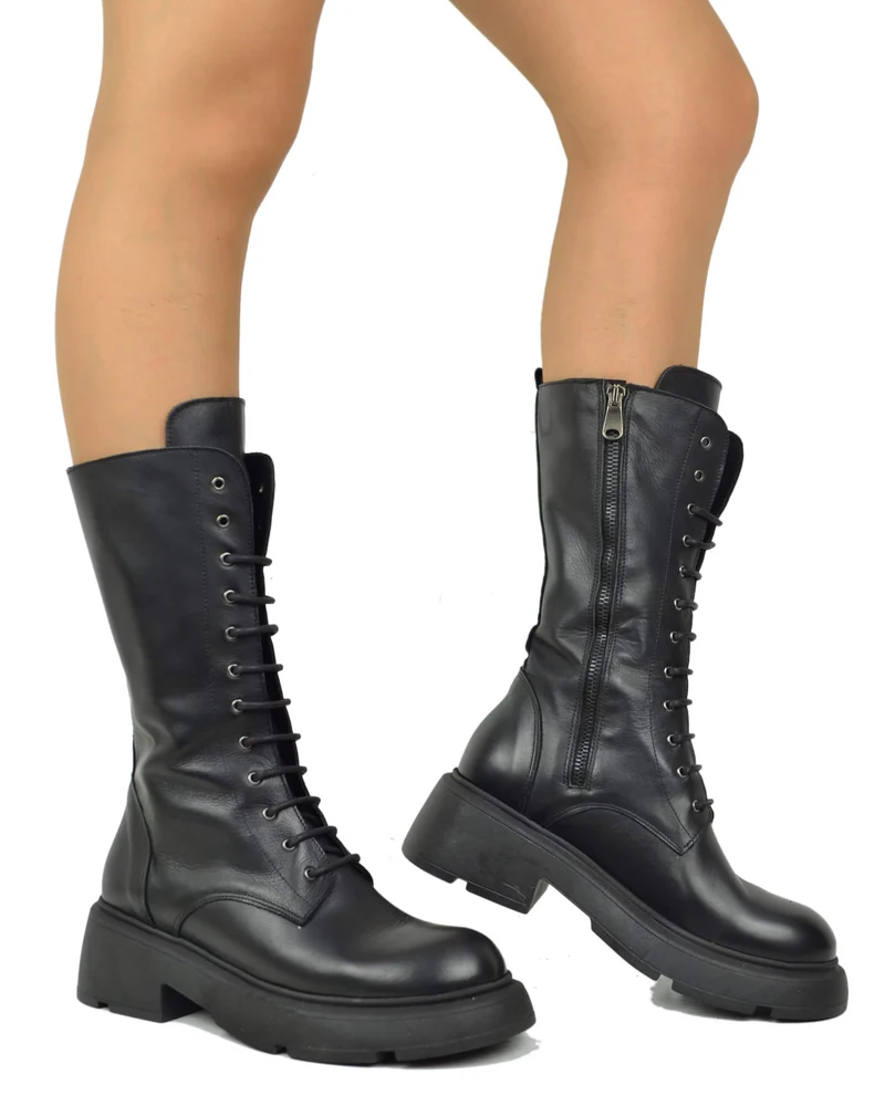 Anfibi Stringati Platform 12 Occhielli Vera Pelle Nera Lacci Rock