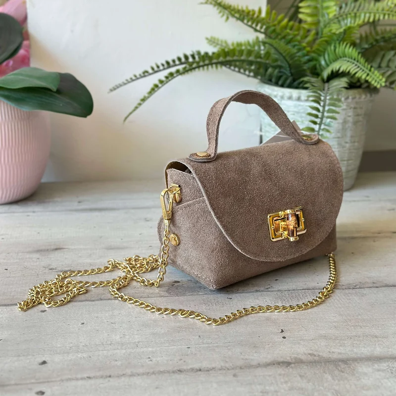 Borsettina Mini Bambù Pelle Scamosciata Catena Dorata Taupe NANA