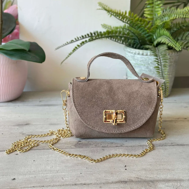 Borsettina Mini Bambù Pelle Scamosciata Catena Dorata Taupe NANA