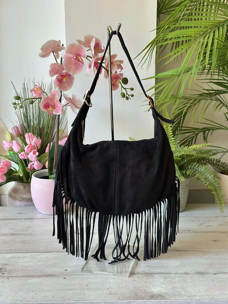 Hobo Bag a Spalla con Frange in Vera Pelle Scamosciata a Spalla Nera